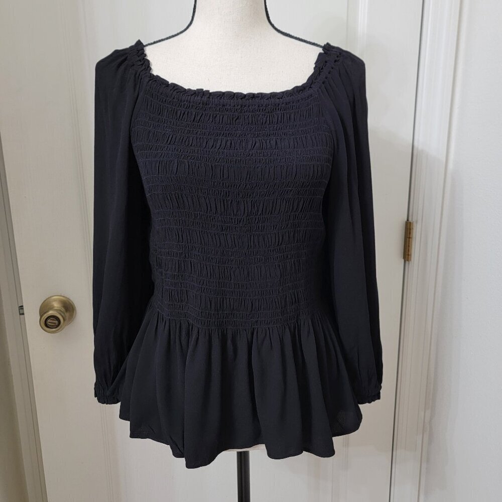 Ann Taylor Petites Size SP Black Smocked Bodice Peplum / Ruffle Trim Blouse NEW